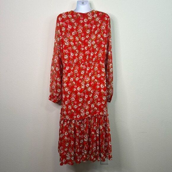 Draper James RSVP Women’s Red Floral Long Sleeve V Neck Midi Dress Size L - Picture 8 of 15